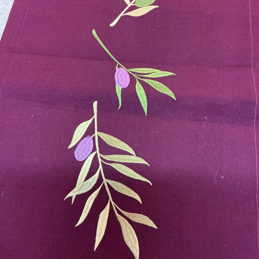 Burgundy Table Runner‎ with Embroidered Olive Branch Design, Elegant Decor